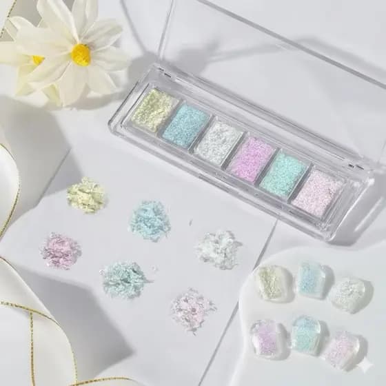 Paletas com 6 cromo glow Aurora Glitter Nail Glitter asa borboletas
