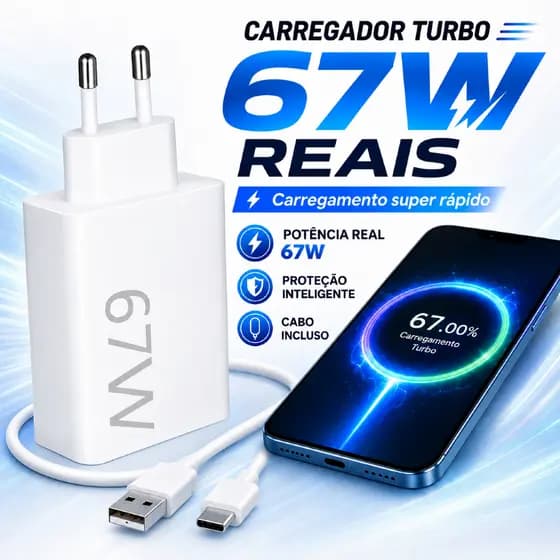 Carregador Turbo 67W Original USB-C para iPhone Xiaomi Android Fonte Tipo-C PD Rápida Samsung