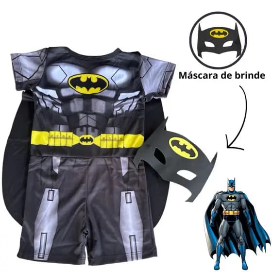 Fantasia Infantil Batman Super Herói com Capa e Máscara Roupa Personagem Menino