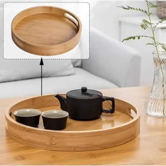 Bandeja Bambu Redonda 30cm Com Alças Café Da Manhã Servir