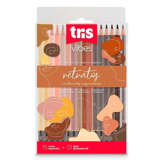 Lapis Cor Tris Vibes Retratos 15 Cores + Lapis Grafite 6B