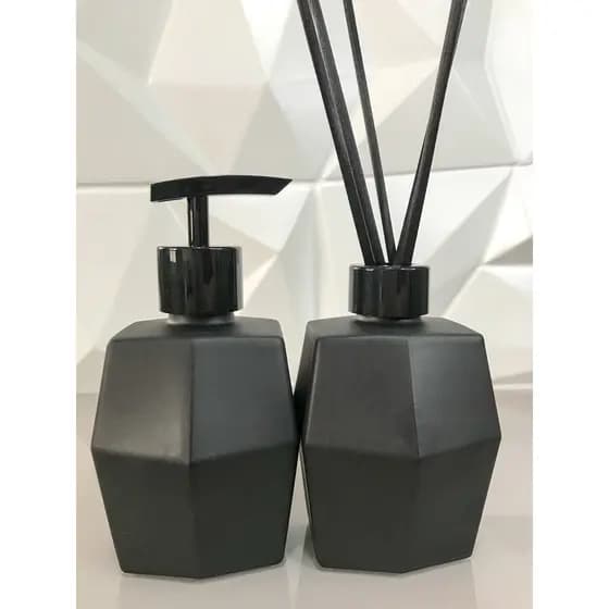 Kit Lavabo Saboneteira e Difusor de Varetas Diamante Preto Fosco