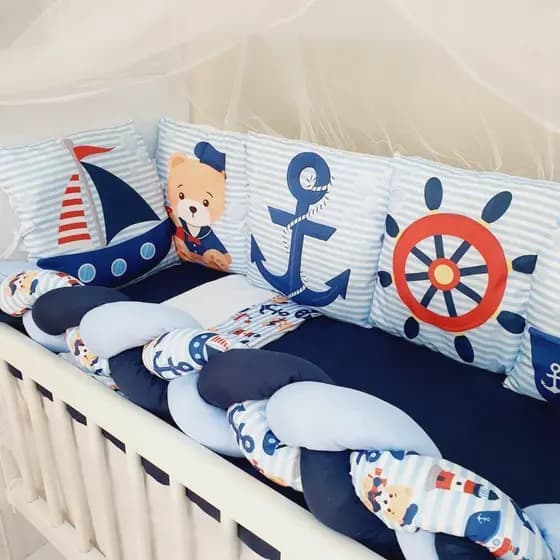 Kit Mini Berço com 12 peças + Saia de Berço Bebê Menino Marinheiro