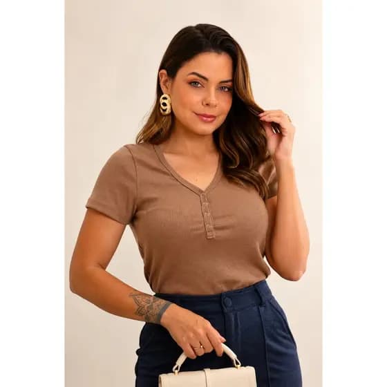 Blusa Feminina Ribana Canelada Decote V Com Botões Babi | Livny