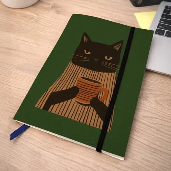 Caderno Sketchbook Gato Café e Flores A5 Kraft com Elástico