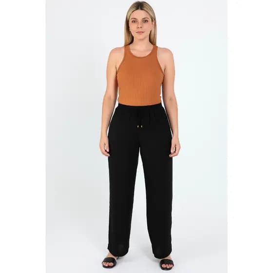 Calça Pantalona Feminina Tecido Duna Cintura Alta com Bolsos