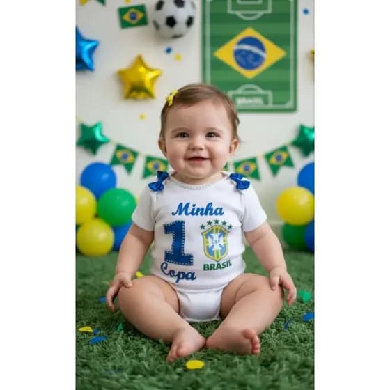 Body Bebê Minha 1ª Copa Brasil – Roupa Infantil Torcedor Verde e Amarelo – Body Personalizado Tema Futebol