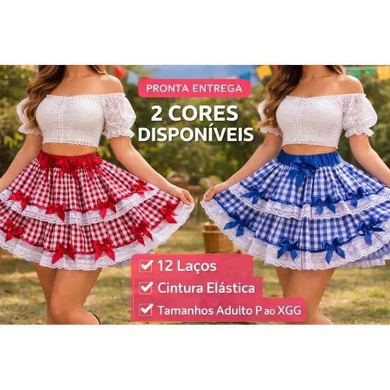 Saia Junina Adulto Xadrez 12 Laços Luxo – Cintura Elástica P ao XGG – Vermelha e Azul Festa Junina São João envio Rápido
