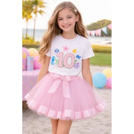 Conjunto Infantil 4 a 10 anos Camiseta Branca com Pérolas + Saia de Tule Rosa | Tema Fundo do Mar | Festa Aniversário
