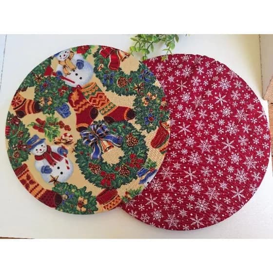 Sousplat Natal de Tecido com elástico mais o sousplat de MDF pode usar dos dois lados feita de Tecido Tricoline