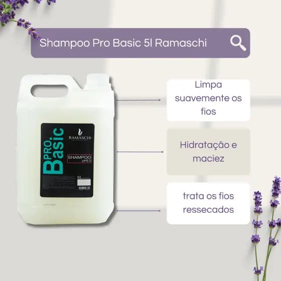 Shampoo Pro Basic Ramaschi, 5L, Hidratação, Brilho, Cabelos secos, Cabelos danificados, Cabelos ressecados