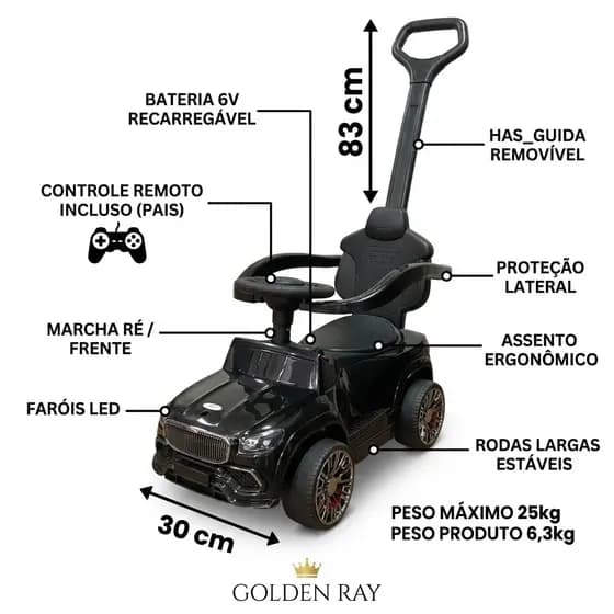 🏎️ Carrinho Elétrico Infantil Com Controle Remoto e Empurrador 6V C\ Haste Guia Triciclo ate 25kg
