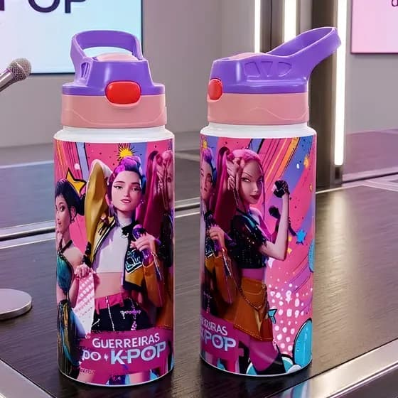 Garrafa Térmica Infantil Inox Guerreiras Kpop Huntrix Com Nome Personalizado Escolar
