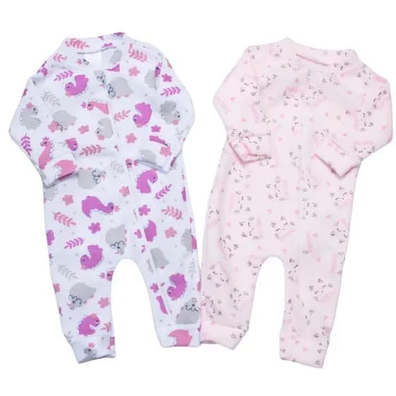Kit 2 Macacão Bebê Menina Em Soft Estampado Feminino Com Zíper Confortável Dia a Dia