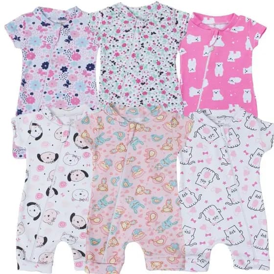 Kit 6 Macacão Para Bebê Menina Feminino Roupas Infantil 100% Algodão Manga Curta Fresco Confortavel