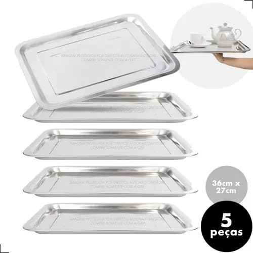 Kit 5 Bandejas De Aço Inox Retangular Rasa 36 X 27 Restaurante