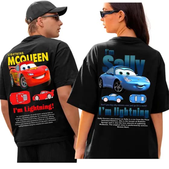 Kit 2 Camiseta Camisa Casal Estampado Relampago Mcquen + Sally Carros Lindos Algodao Unissex