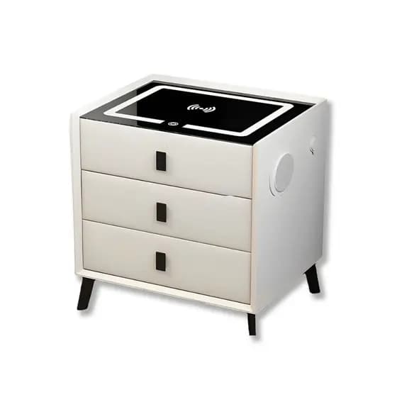 Mesa de Cabeceira com LED Touch, Conexão sem fio e 3 Gavetas Branco ou Cinza