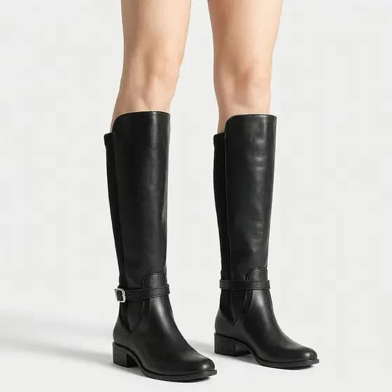 Bota Feminina Montaria Lolita Cano Alto Com Fivela Impermeável Leve e Confortável- Preto