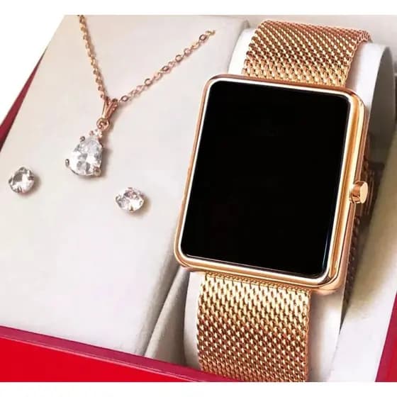 Relógio Feminino original Varias Cores rose preto dourado Led quadrado + Colar e Brinco