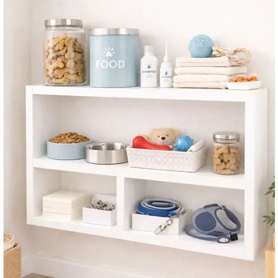 Nicho Organizador Pet de Parede MDF Branco Prateleira para Ração e Acessórios de Cachorro e Gato