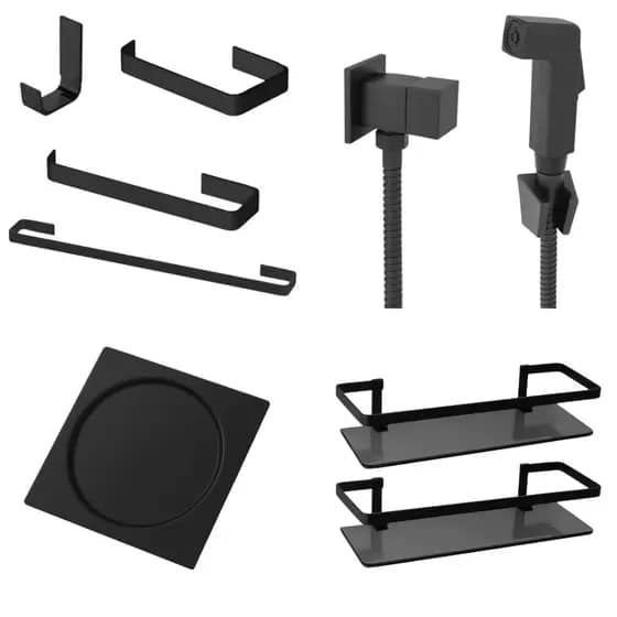 Kit Banheiro Preto Completo Luxo Inox Porta Shampoo + Ducha Higiênica Metal Acessórios Quadrado
