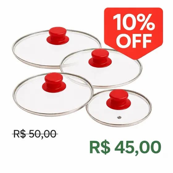 🔥Kit 4 Tampas Vidro Temperado para Panelas 20/22/24/26cm – Bordas Inox, Puxador Vermelho, Resistente e Fácil Limpeza!🔥