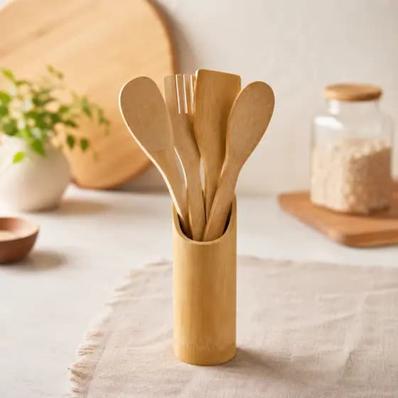 Kit de Utensilios de Cozinha com 5 Peçs em Madeira Bambu Colher de Pau Garfo Espatula Suporte