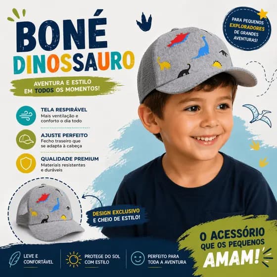 Boné Dinossauro Infantil Estampado Menino Telinha Truck Estampado 1 a 5 anos