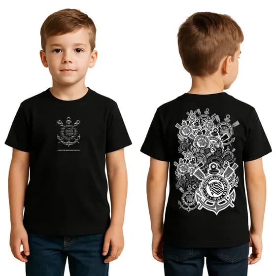 Camiseta Infantil Corinthians Preta Estilo Torcida Futebol Unissex Menino Menina