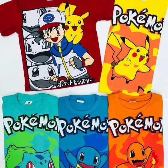 Camiseta Algodao Infantil Pokemon Ash Picachu Charmander Bubassauro Squirtle Algodao Promocao
