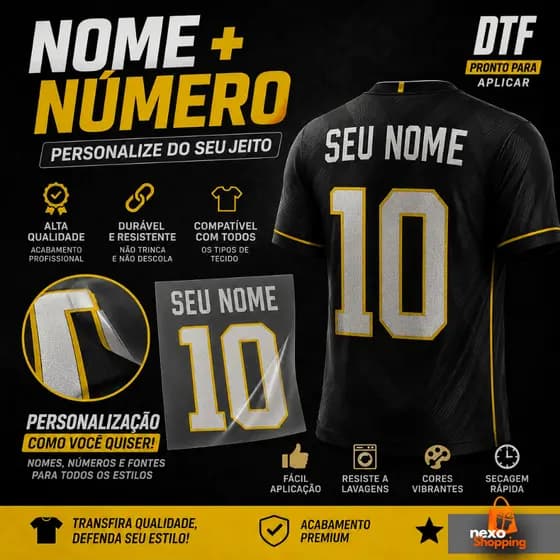 Personalize Sua Camisa I Nome + Número I DTF Premium I Pronto Para Aplicar I Termocolante I Aplique com Ferro de Passar