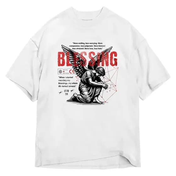 Camiseta Oversized Blessing Estampada Masculina Streetwear Larga Preta Branca