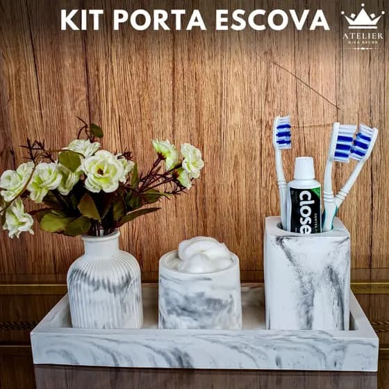 kit Porta Escova Dente, Algodão, Decoração banheiro, Lavabo, dia das mães, Bandeja, Flor, Perfume.