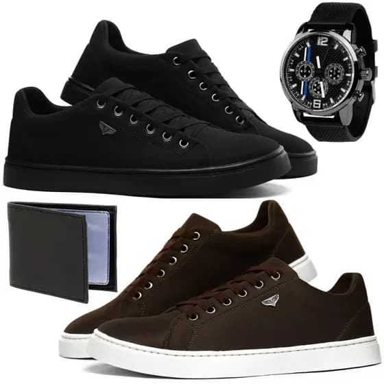 Kit 2 Pares De Sapatenis Masculino Casual Para O Dia-a-dia Super Confortável Mais Carteira E Relógio de Brinde