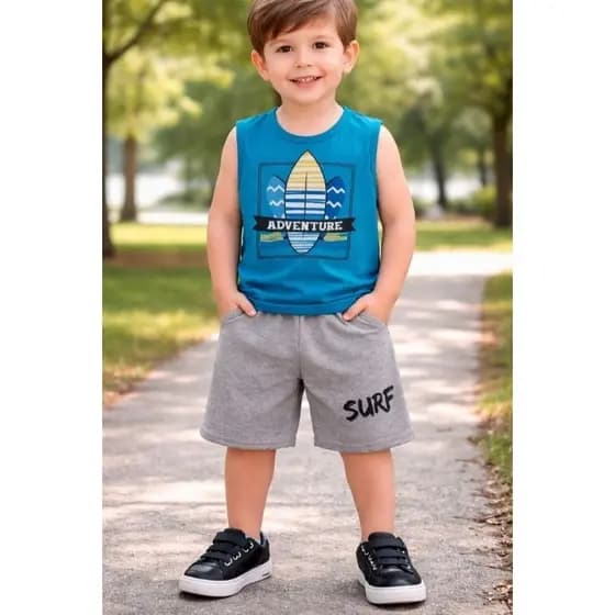 Conjunto Infantil menino Camisa e bermuda Verão 100% Algodão Temático Pronta Entrega