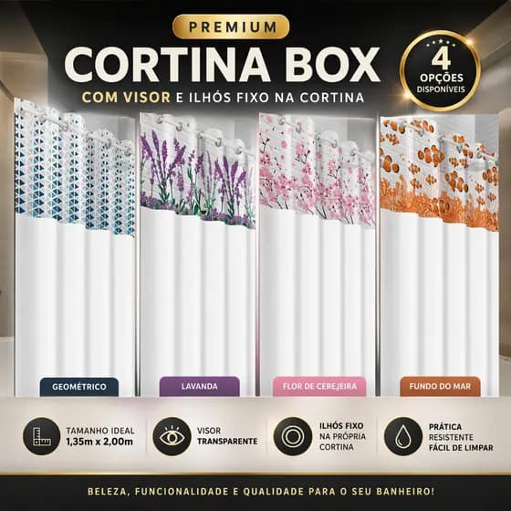 Cortina Box Com Visor Transparente Em PVC Para Banheiro Anti Mofo Gramatura Grossa Coral