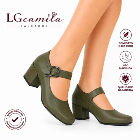 Sapato Feminino Sandália Social Saltinho Baixo Ajuste Bico Levemente Quadrado Verde Escuro
