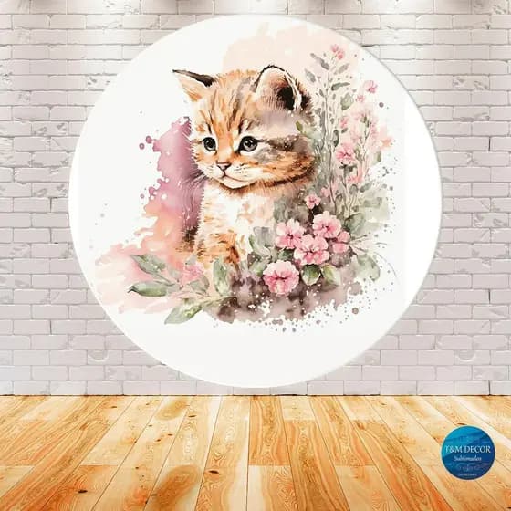 Painel de festa em tecido sublimado 1,5m Gatinho com flores