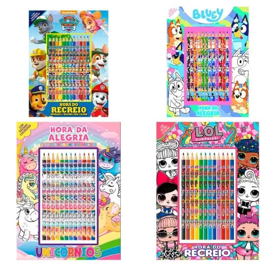 Livro de Colorir 12 Lápis Kit Infantil Completo Unicornio LOL Patrulha Bluey Presente Criativo