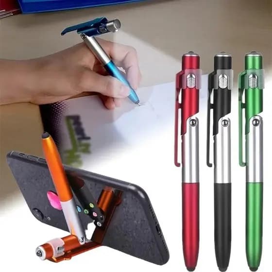 Caneta esferográfica multifuncional 4 em 1 com luz LED dobrável suporte para telefone leitura noturna