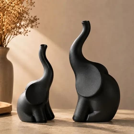 Kit Elefantes Decorativos Família Luxo Sala Quarto Estátua Premium Preto