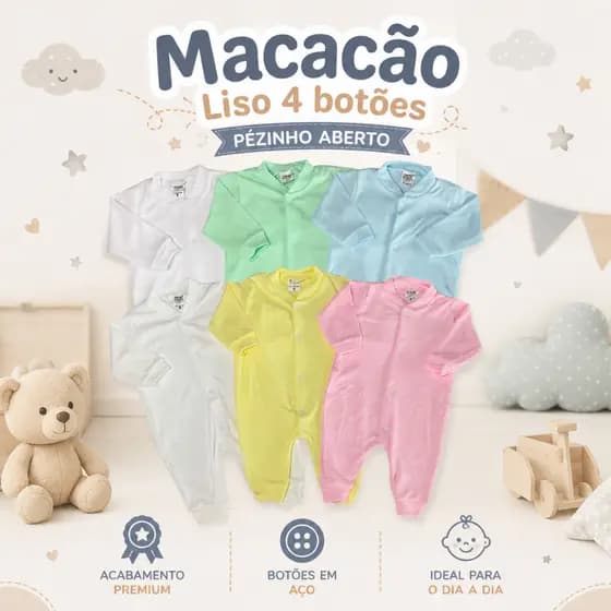 Macacão de Bebe Liso Malha Canelada Linha Basic Confortável