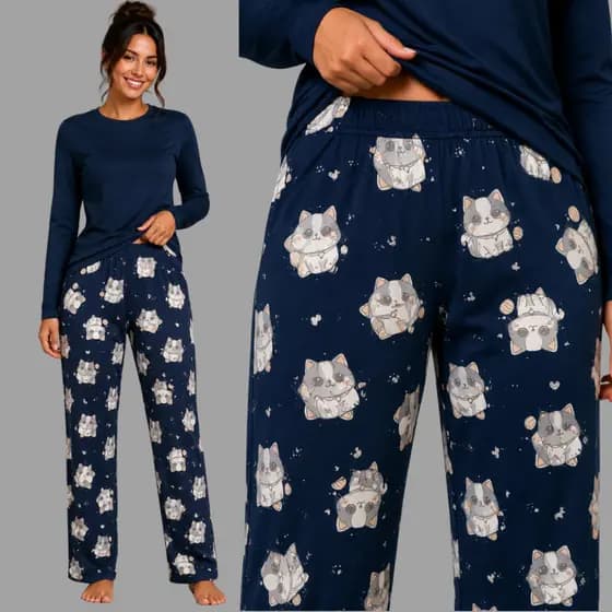 Pijama Longo Feminino Malha Adulto Manga Comprida Dormir Roupa