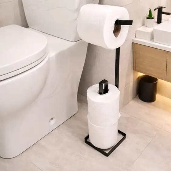 Suporte Porta Papel Higiênico de Chão para Banheiro Base Quadrada 3 Rolos Preto Organização Lavabo