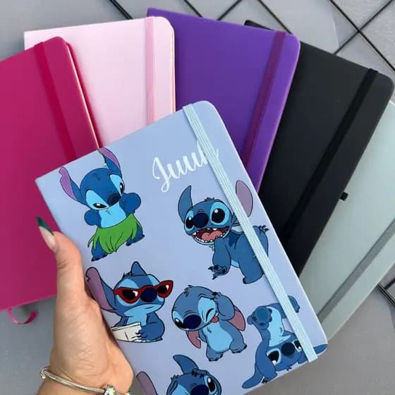 Agenda Personalizada Estilo Moleskine – Stitch – 14x21cm, 96 Páginas, Capa Emborrachada