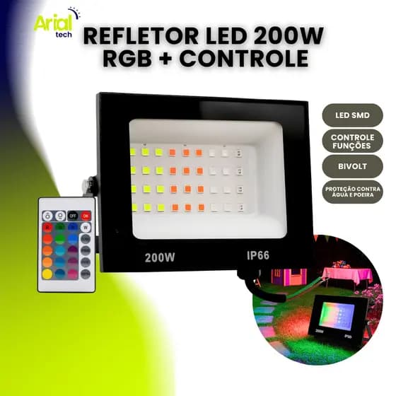 Refletor Holofote Led 200w Bivolt Luz Rgb Colorido Com Controle Prova D'água