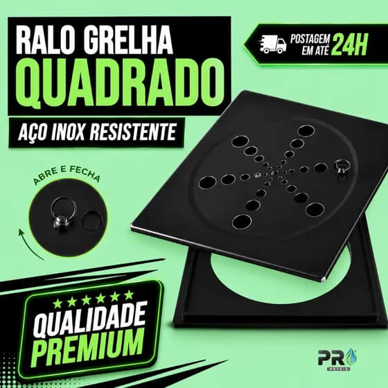 Ralo Grelha Quadrado Aço Inox Preto Fosco – Design Moderno e Resistente Abre e Fecha
