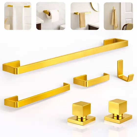 Kit Banheiro 4 Peças Dourado Luxo Square + 2 Acabamentos Registro Quadrado Metal Premium