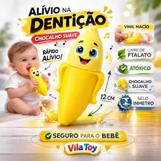 Mordedor Bebê Banana Com Chocalho Macio E Lavável Vila Toy